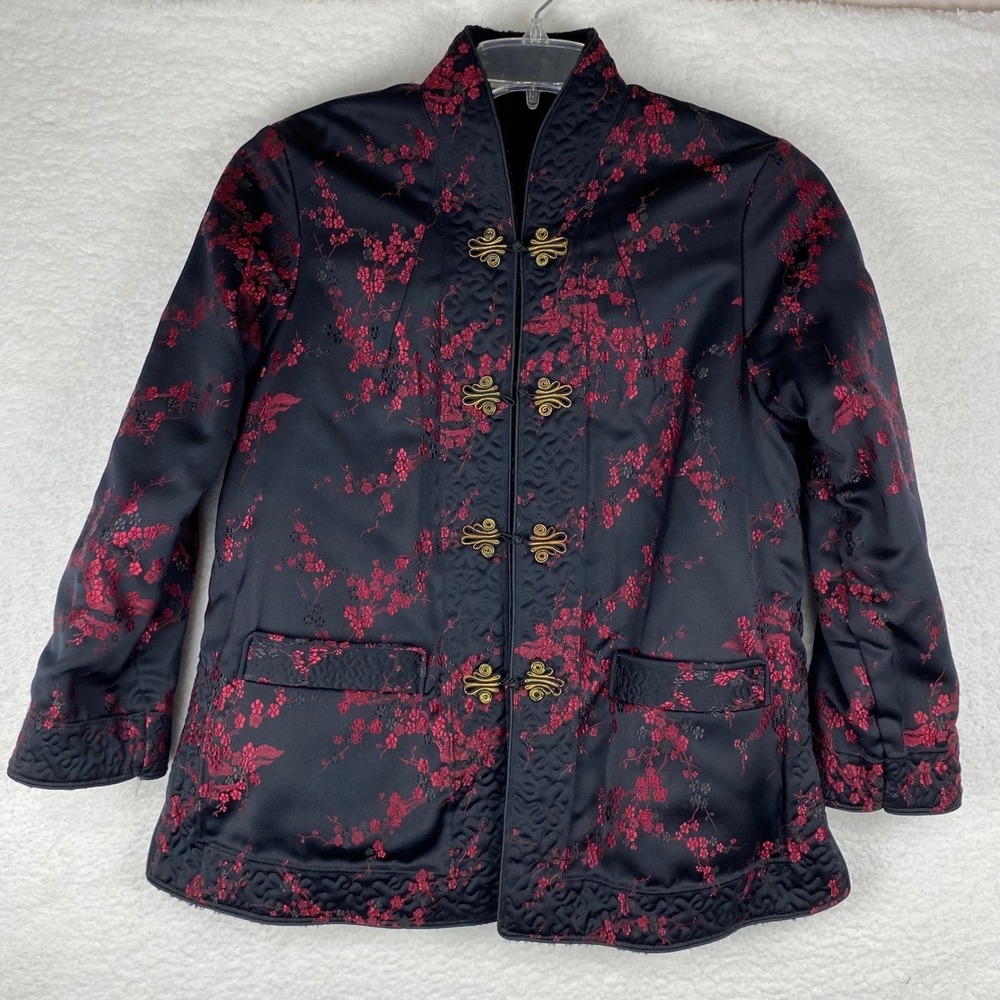 Womens Black‎ Red Floral Silk Blend Kimono Jacket Mandarin Collar Frog Closures